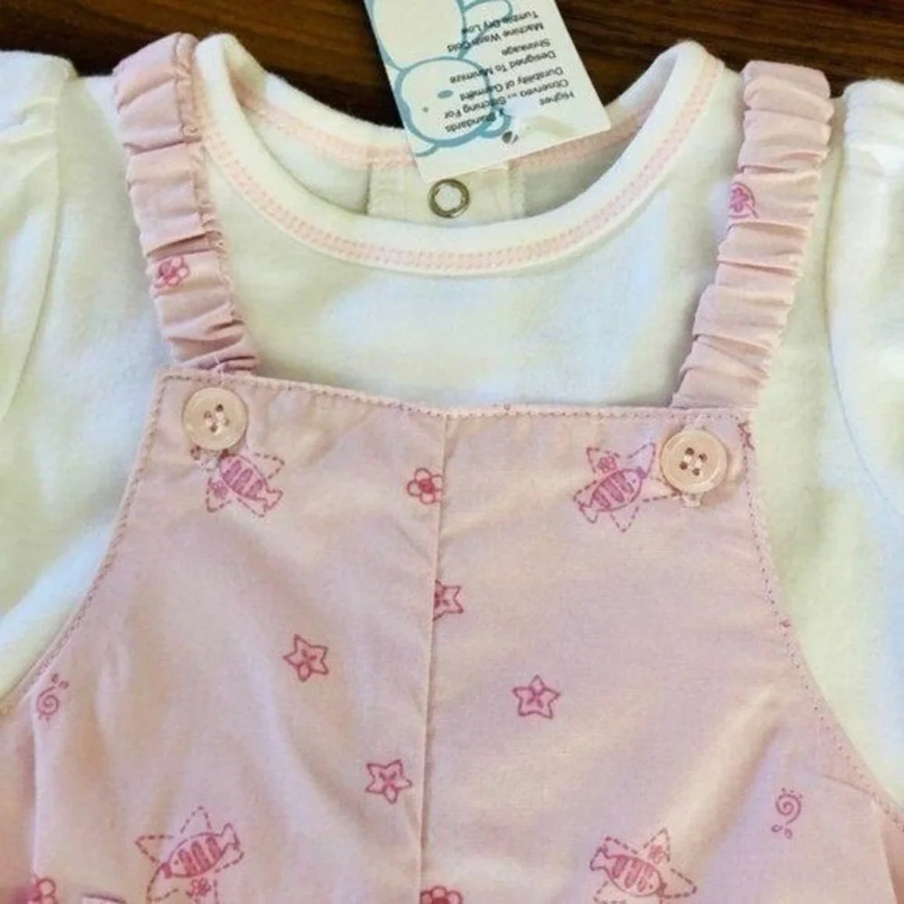 New 9 Month Baby‎ Girls Pink Overalls and White Ruffle Bodysuit Outfit Set